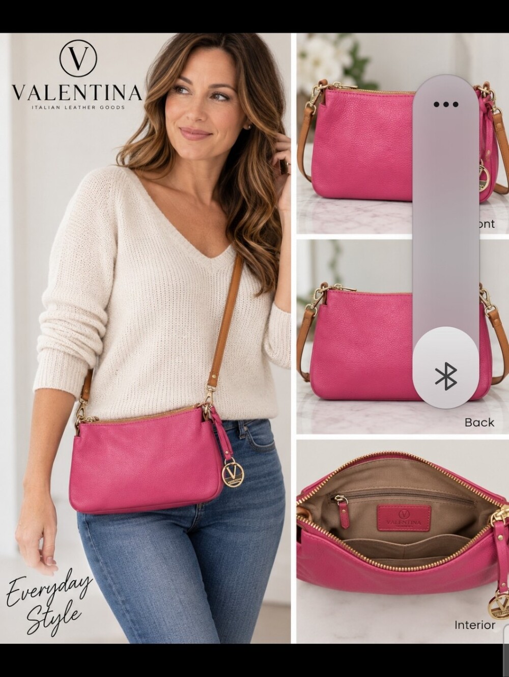 Valentina Italian Leather Pink Crossbody Bag Tan Strap Gold Hardware